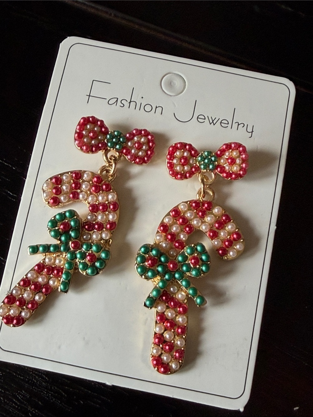 Green & Red Beaded Candy Cane Bow Earrings-NWT